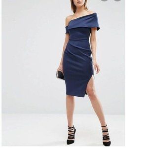 ASOS Clean Scuba Midi Cuff One Shoulder Wrap Skirt Dress in Blue Size 4
